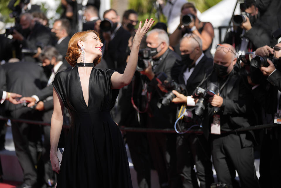 Elodie Frege poses for photographers upon arrival at the premiere of the film 'Benedetta' at the 74th international film festival, Cannes, southern France, Friday, July 9, 2021. (AP Photo/Vadim Ghirda)