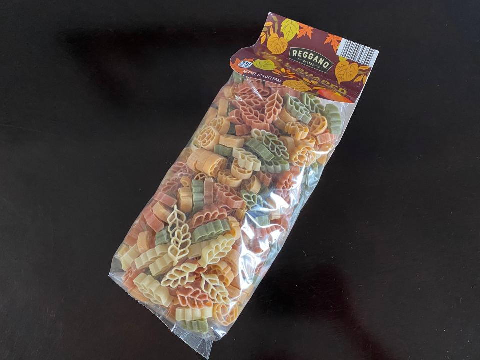 multicolor package of fall-shaped pasta from aldi