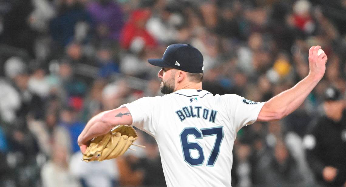 Seattle Mariners relief pitcher Cody Bolton (67) pitches against Boston Red Sox during the seventh inning of the opening day game at T-Mobile Park, on Thursday, March 28, 2024, in Seattle, Wash. Brian Hayes/bhayes@thenewstribune.com