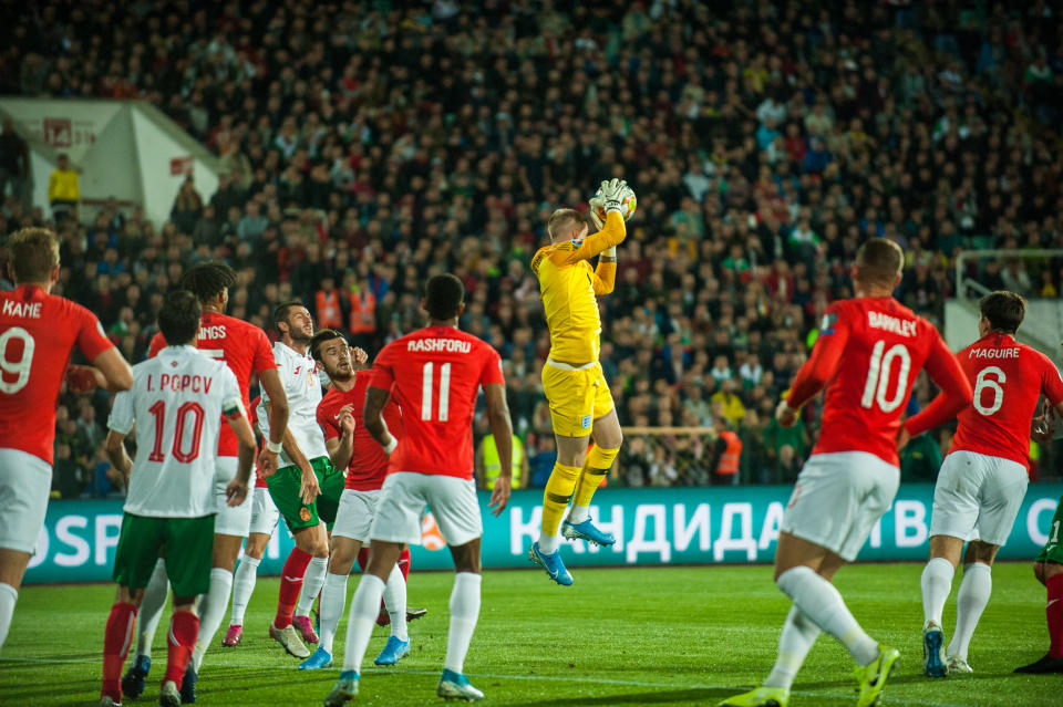 Jordan Pickford of England, during the UEFA EURO 2020 Qualifications Bulgaria v England at Vasil Levski National Stadium, Sofia, Bulgaria on October 14, 2019  (Photo by Hristo Rusev/NurPhoto via Getty Images)