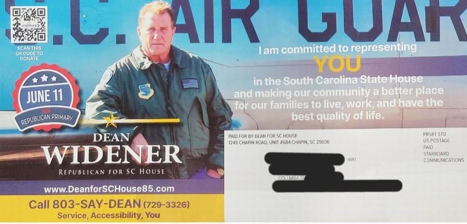 Dean Widener, a U.S. Air Force veteran, seeking election in House District 85, is shown in a campaign flier in a U.S. Air Force flight jacket and jeans.