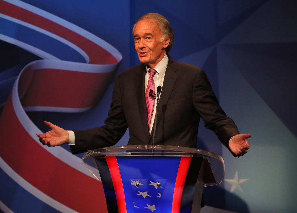 NEEDHAM - AUGUST 18: Incumbent Senator Edward J. Markey debates challenger Representative Joseph P. Kennedy III in the final debate leading up to the September 1 primary election at WCVB Channel 5 studios in Needham, MA on Aug. 18, 2020. (Photo by Barry Chin/The Boston Globe via Getty Images)