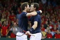 Tennis - Belgium v Great Britain - Davis Cup Final - Flanders Expo, Ghent, Belgium - 28/11/15 Men's Doubles - Great Britain's Andy Murray and Jamie Murray celebrate winning their match against Belgium's Steve Darcis and David Goffin Action Images via Reuters / Jason Cairnduff Livepic