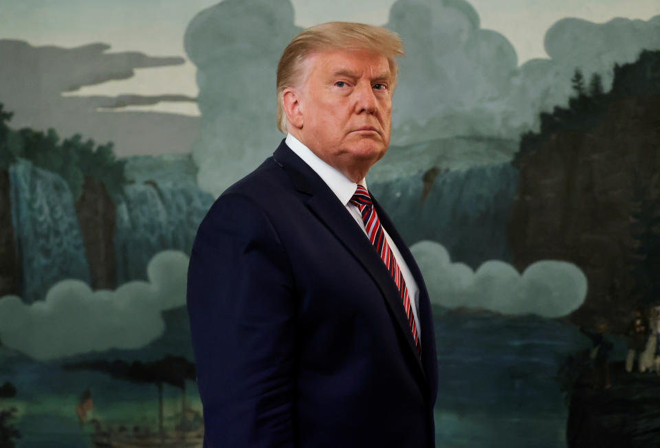 U.S. President Donald Trump arrives to delivers remarks on judicial appointments during an appearance in the Diplomatic Room at the White House in Washington, U.S., September 9, 2020. REUTERS/Jonathan Ernst     TPX IMAGES OF THE DAY