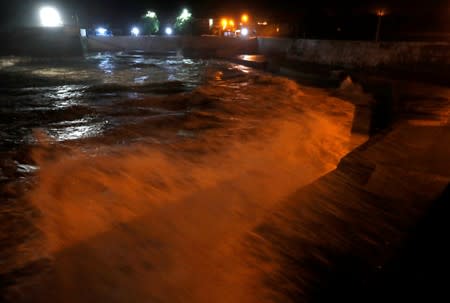 Waves crash to shore on the coast near Sao Mateus, before the arrival of Hurricane Lorenzo in Angra do Heroismo in Azores