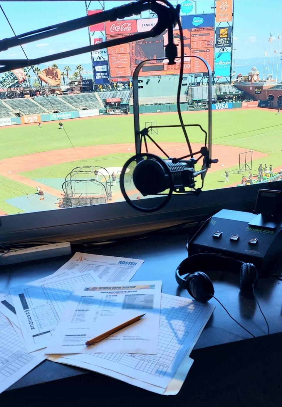 C.J. Silas’ view from the behind the microphone at Oracle Park, where she announced her first Major League Baseball game — between the Giants and A’s — on March 26, 2024.