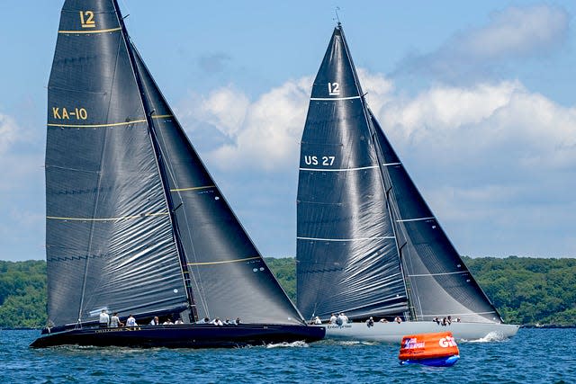 Challenge XII (left) and Enterprise at the 12 Metre Pre-Worlds sailed as part of Sail Newport’s Newport Regatta. Both will compete in the 12 Metre World Championship in August.