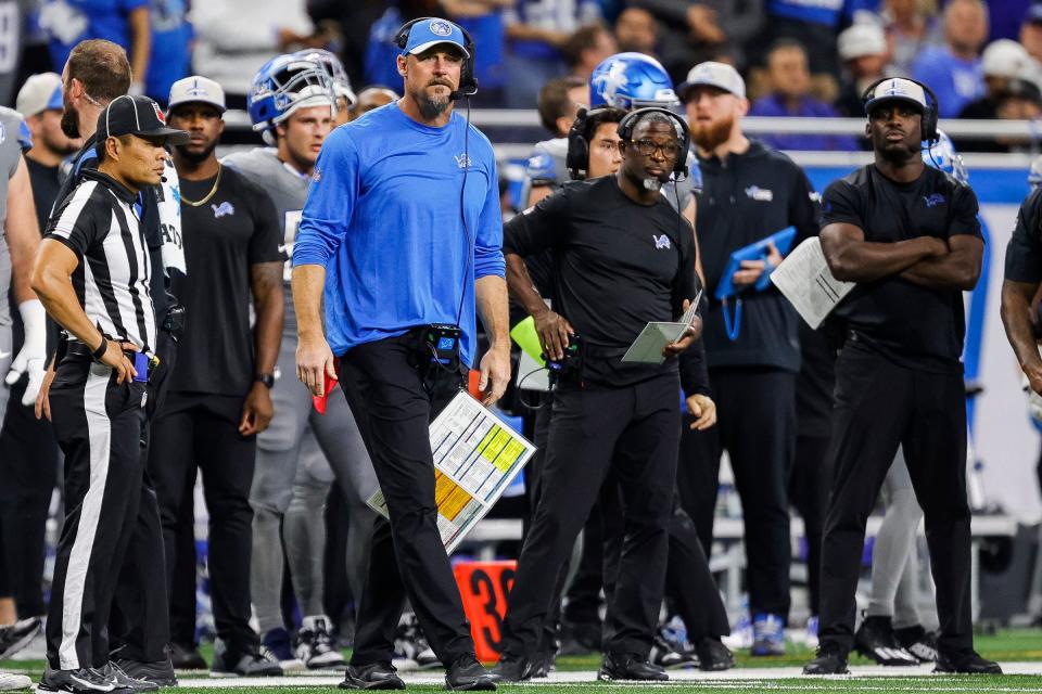 Detroit Lions head coach Dan Campbell watches a play against Las Vegas Raiders during the second half at Ford Field in Detroit on Monday, Oct. 30, 2023.