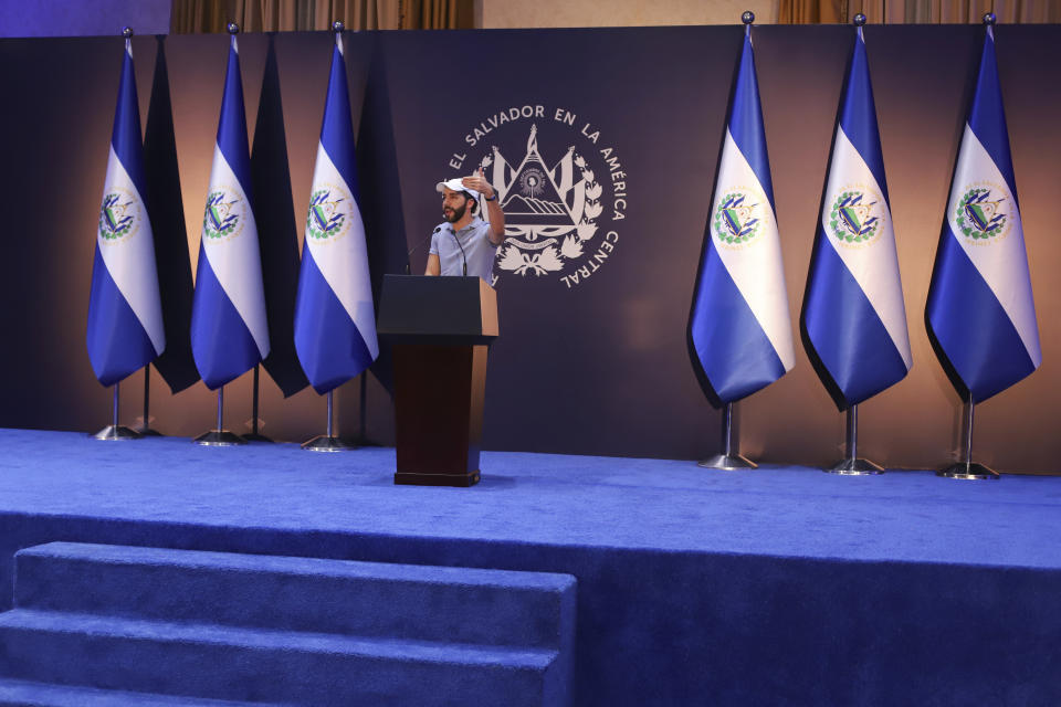 El Salvador President Nayib Bukele, who is seeking re-election, speaks during a press conference after voting in the general election in San Salvador, El Salvador, Sunday, Feb. 4, 2024. (AP Photo/Salvador Melendez)