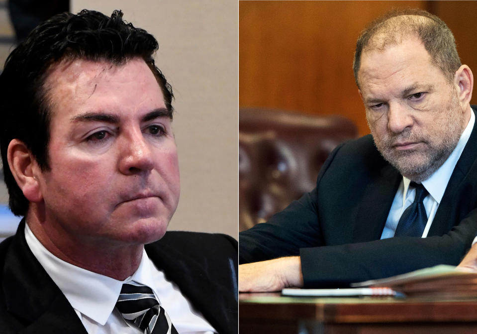 John Schnatter in Louisville, Ky., on Oct. 18, 2017 (L), Harvey Weinstein in New York on June 5, 2018. (AP Photo/Timothy D. Easley; Steven Hirsch/New York Post via AP)