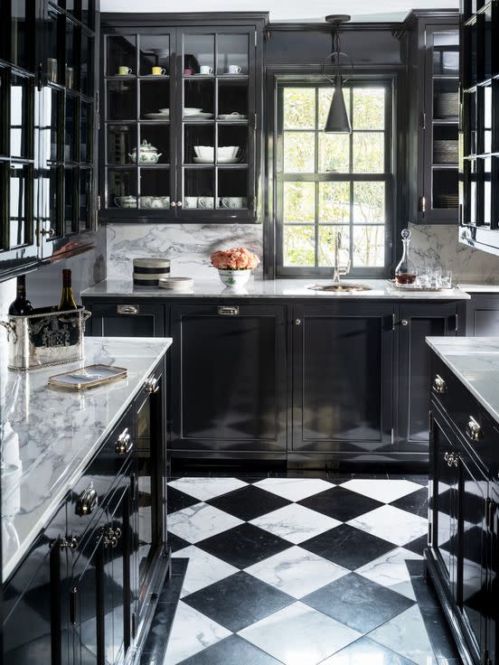 black butlers pantry by designer sarah blank checkered tile floor, black and white marble flooring, high gloss paint original architect, cameron clark