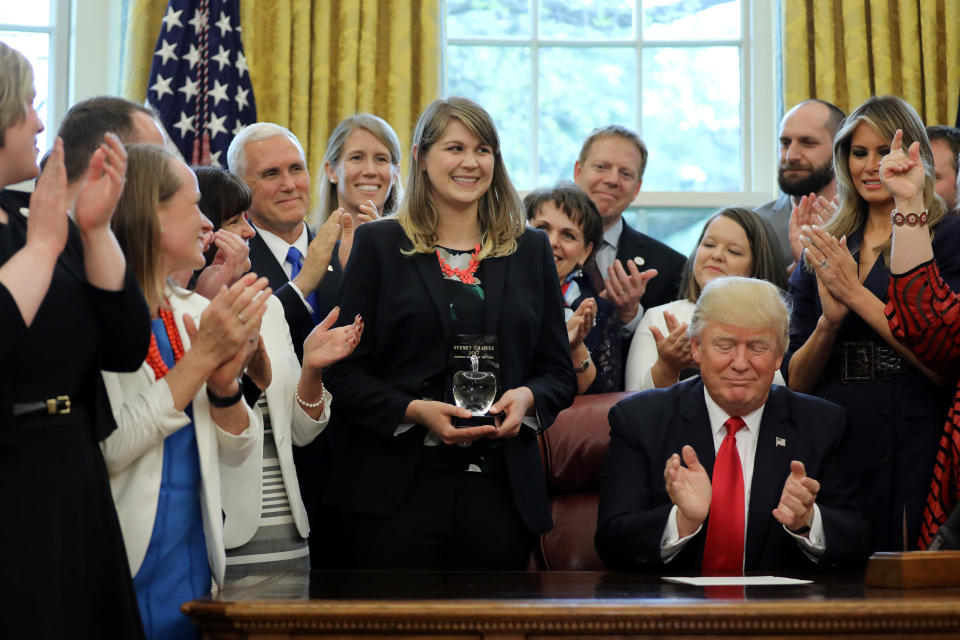 Sydney Chaffee (center) being honored by President Donald Trump after winning the 2017 National Teacher of the Year award. (Photo: Reuters)