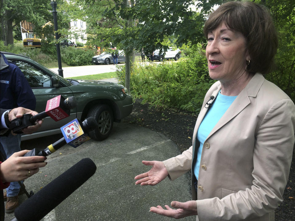 U.S. Sen. Susan Collins (R-Maine), speaks to the media on Friday, Sept. 21, 2018, in Portland, Maine. Collins said she's "appalled" by President Donald Trump's tweet criticizing Christine Blasey, accuser of Supreme Court nominee Brett Kavanaugh. (AP Photo/Patrick Whittle)