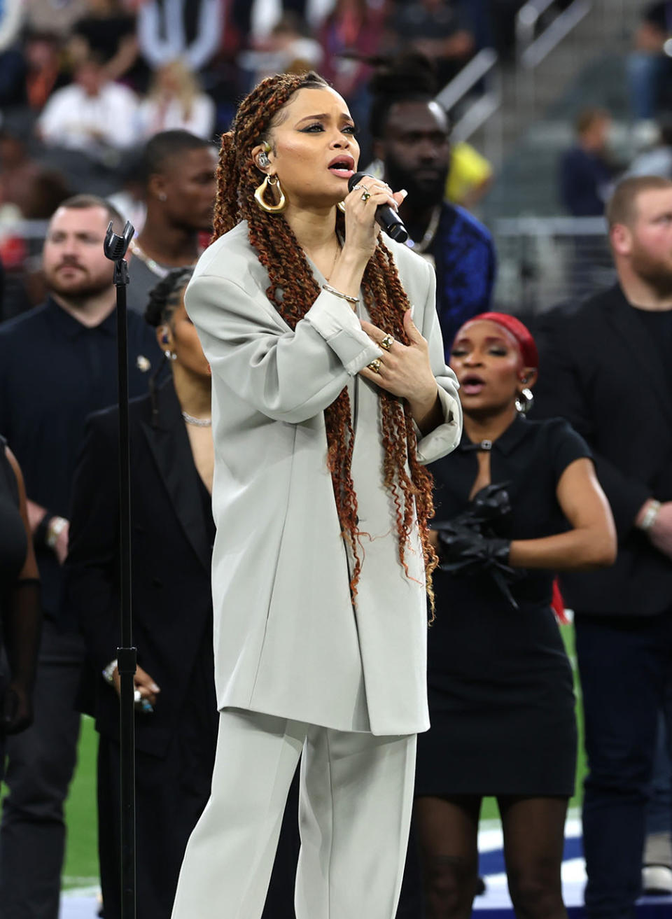 Andra Day performs during the Super Bowl LVIII Pregame at Allegiant Stadium on February 11, 2024 in Las Vegas, Nevada