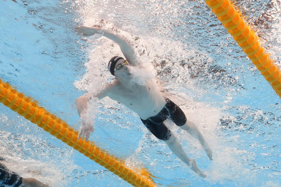 Daniel Wiffen of Ireland competes in the men's 800-meter freestyle heat at the World Aquatics Championships in Doha, Qatar, Tuesday, Feb. 13, 2024. (AP Photo/Lee Jin-man)