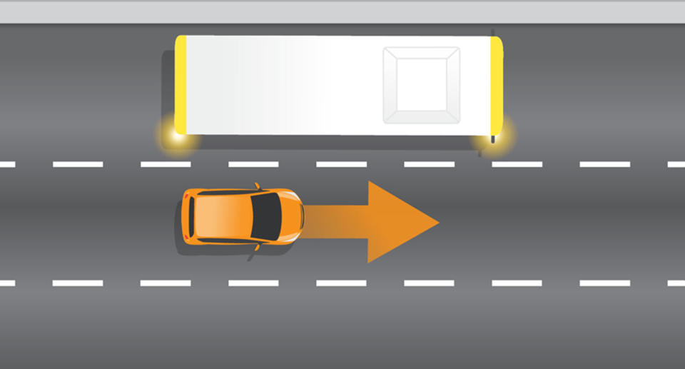 A graphic shows a bus indicating while a car drives next to it.