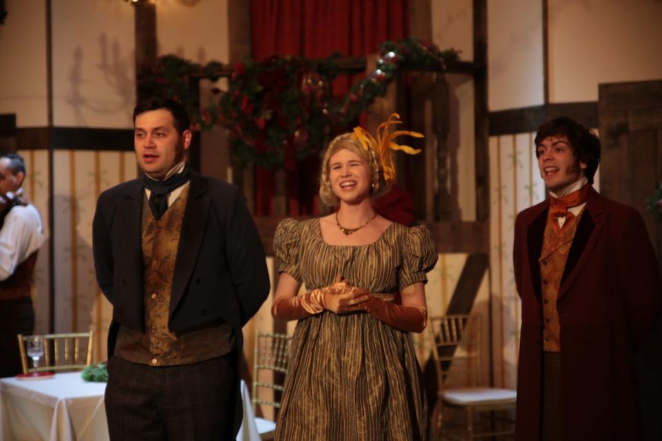 Matthew Moreillon, Jessa Schinske and Nick Hone appear in Oklahoma Shakespeare in the Park's 2019 production of "Jane Austen's Christmas Cracker."