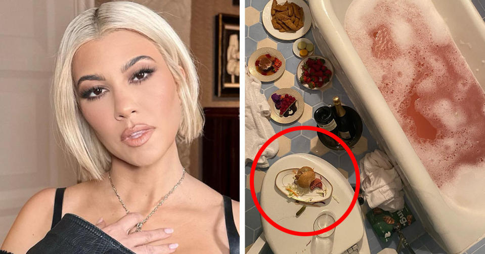 L: Kourtney Kardashian posing. R: Bathroom with plates of food on the toilet and around the bath