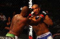 Marcus Brimage (L) and Maximo Blanco exchange blows during their featherweight bout for UFC 145 at Philips Arena on April 21, 2012 in Atlanta, Georgia.