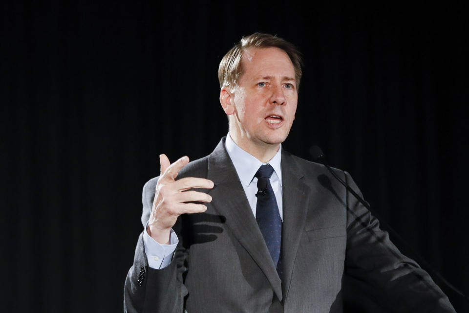 Democratic gubernatorial candidate Richard Cordray speaks at the Columbus Chamber of Commerce Government Day, Tuesday, Oct. 16, 2018, in Cincinnati, Ohio. (AP Photo/John Minchillo)