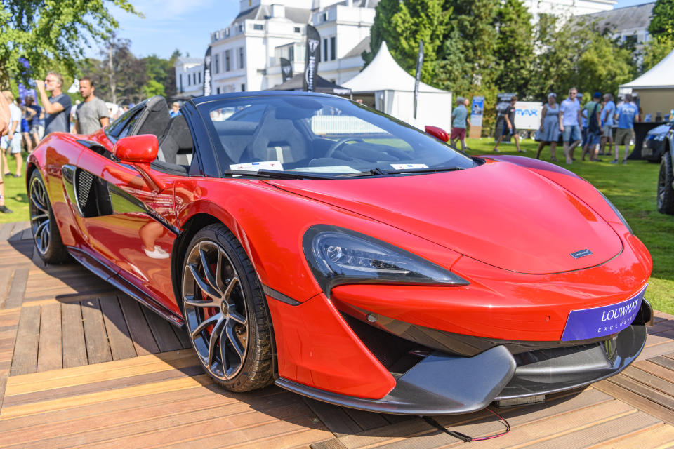 BAARN, NETHERLANDS - AUGUST 25: McLaren 570S Spider convertible sports car on display at the 2019 Concours d'Elegance at palace Soestdijk on August 25, 2019 in Baarn, Netherlands. This is the first time the Concours d'Elegance will be held at Soestdijk Palace and the 2019 edition was held on 24-25 August. (Photo by Sjoerd van der Wal/Getty Images)