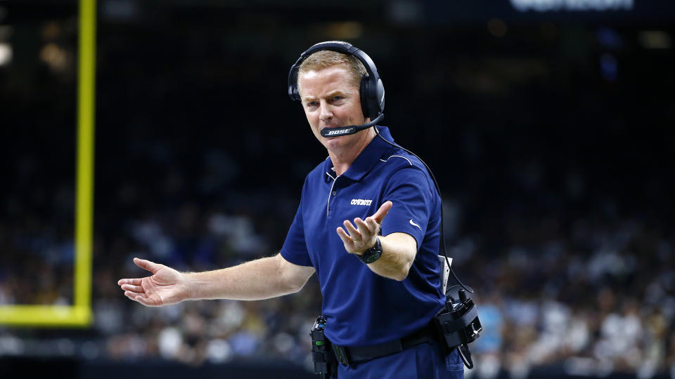 Dallas Cowboys head coach Jason Garrett calls out from the sideline in the first half of an NFL football game against the New Orleans Saints in New Orleans, Sunday, Sept. 29, 2019. (AP Photo/Butch Dill)