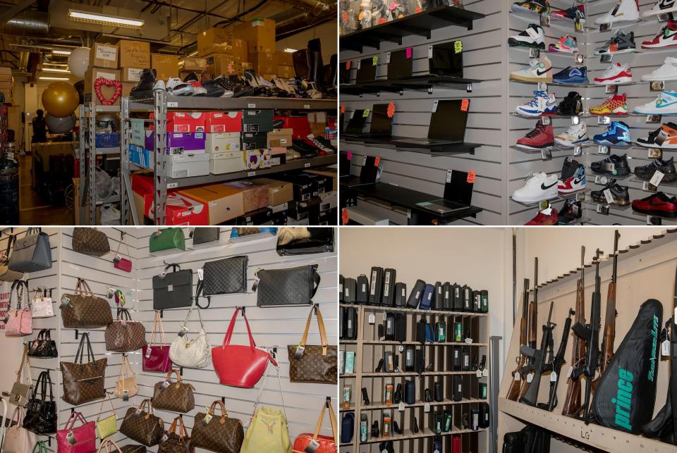 Left top: Belongings that have been pawned in a back room at Max Pawn. Right top: Shoes and computers for sale at Max Pawn. Left bottom: Designer handbags on display at Max Pawn. Right bottom: Guns at Max Pawn. (Photo: Bridget Bennett for HuffPost)