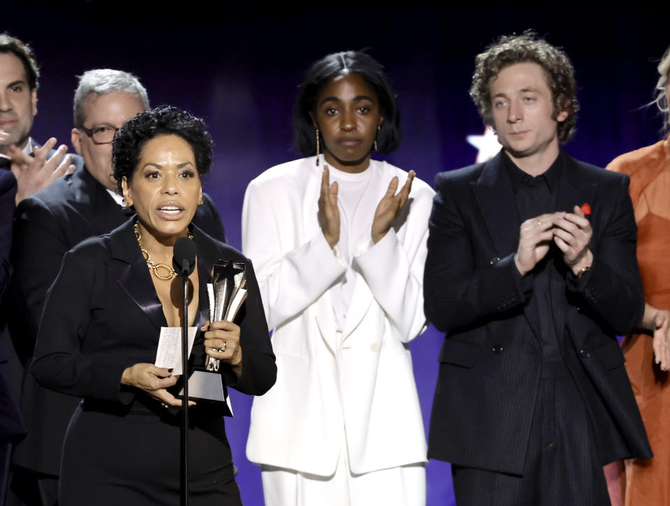 SANTA MONICA, CALIFORNIA - JANUARY 14: (L-R) Liza Colón-Zayas, Ayo Edebiri, and Jeremy Allen White accepts the Best Comedy Series Award for 'The Bear' onstage during the 29th Annual Critics Choice Awards at Barker Hangar on January 14, 2024 in Santa Monica, California. (Photo by Kevin Winter/Getty Images for Critics Choice Association)