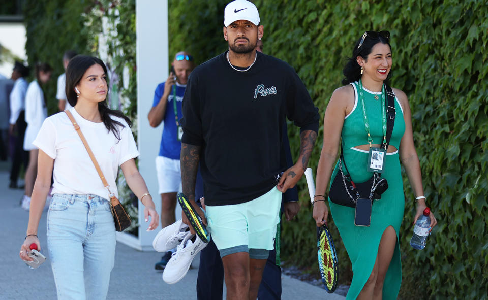 Nick Kyrgios, pictured here with girlfriend Costeen Hatzi and sister Halimah at Wimbledon.