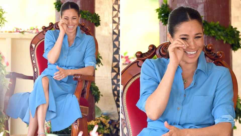 Two photos of Meghan Markle laughing while on tour