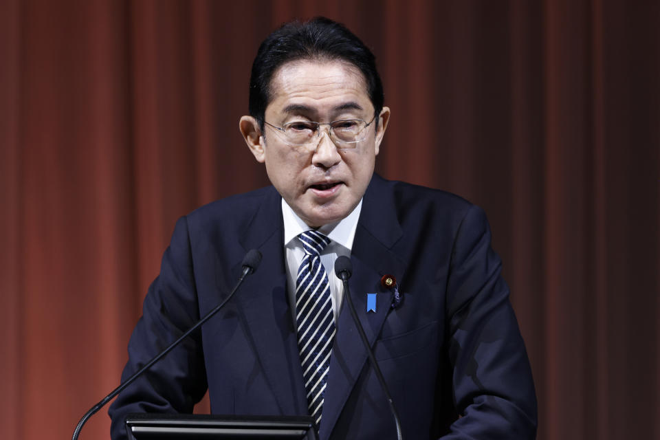 FILE - Japanese Prime Minister Fumio Kishida, also the president of the Liberal Democratic Party (LDP), speaks during the party's annual convention in Tokyo, Japan, on Feb. 26, 2023. South Korean and Japanese leaders will meet in Tokyo on Thursday, March 16, beginning their first bilateral summit in more than a decade, and hoping to overcome resentments that date back more than 100 years. (Kiyoshi Ota/Pool Photo via AP, File)