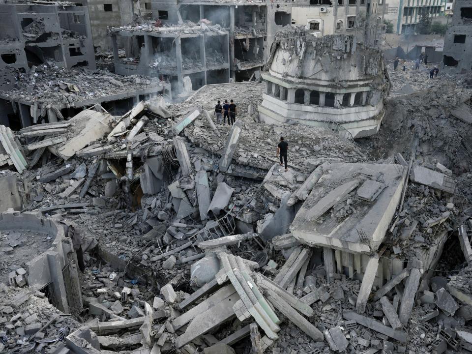 Yassin Mosque was destroyed after it was hit by an Israeli airstrike at Shati refugee camp in Gaza City, Monday, October 9, 2023.