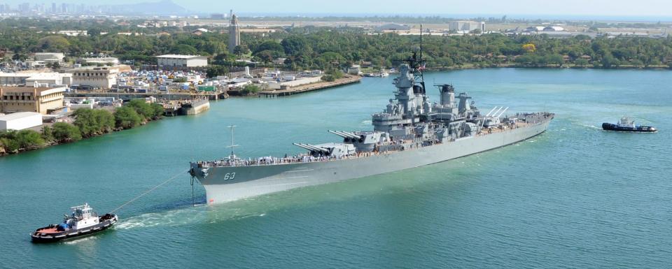 The retired battleship USS Missouri returns to Ford Island after finishing scheduled repairs at Pearl Harbor Naval Shipyard. Missouri underwent three months and $18 million of preservation and maintenance repairs at Pearl Harbor Naval Shipyard.