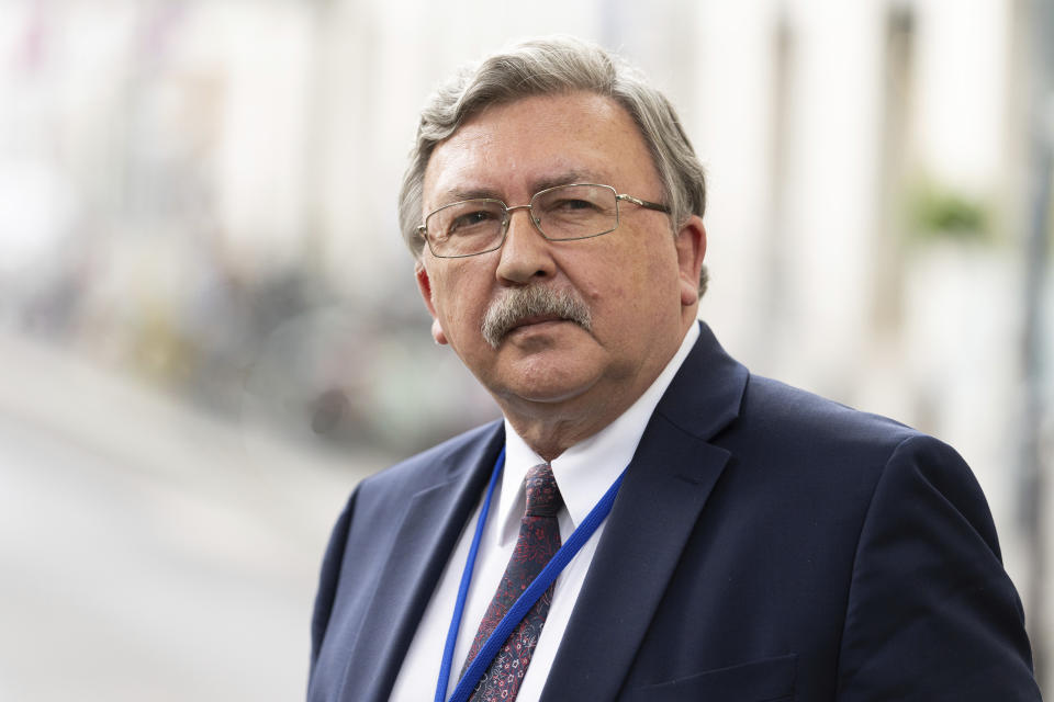 Russia's Governor to the International Atomic Energy Agency (IAEA), Mikhail Ulyanov, addresses the media near the 'Grand Hotel Vienna' where where closed-door nuclear talks take place in Vienna, Austria, Saturday, June 12, 2021. (AP Photo/Florian Schroetter)