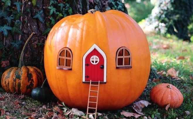 A fairy garden decor set with a door, two windows and a little ladder for making your own pumpkin patch especially inviting