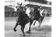 FILE - Seabiscuit and jockey George Woolf lead War Admiral and jockey Charles Kurtsinger in the first turn in a race at Pimlico in Baltimore, Md., Nov. 1, 1938. Seabiscuit won and set a new track record. Horses like Seabiscuit, Man O’War and Secretariat were well known in their time beyond racing circles, pop culture icons fed in part by radio, newspapers and, eventually, TV. (AP Photo/File)