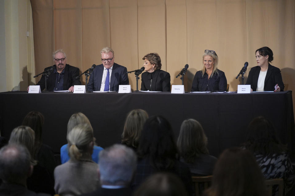 The legal team, from left, barrister Bruce Drummond, Dean Armstrong KC, attorney Gloria Allred, Natacha and barrister Maria Mulla, who featured in 'Al-Fayed: Predator at Harrods' attend a press conference to discuss their involvement in the investigation and the legal claim against Harrods for failing to provide a safe system of work for their employees, at Kent House in Knightsbridge, London, Friday Sept. 20, 2024. Multiple ex-Harrods employees have accused Mohamed Al Fayed, the Egyptian billionaire who owned the luxury department store for more than 25 years, of rape and sexual assault. (Yui Mok/PA via AP)