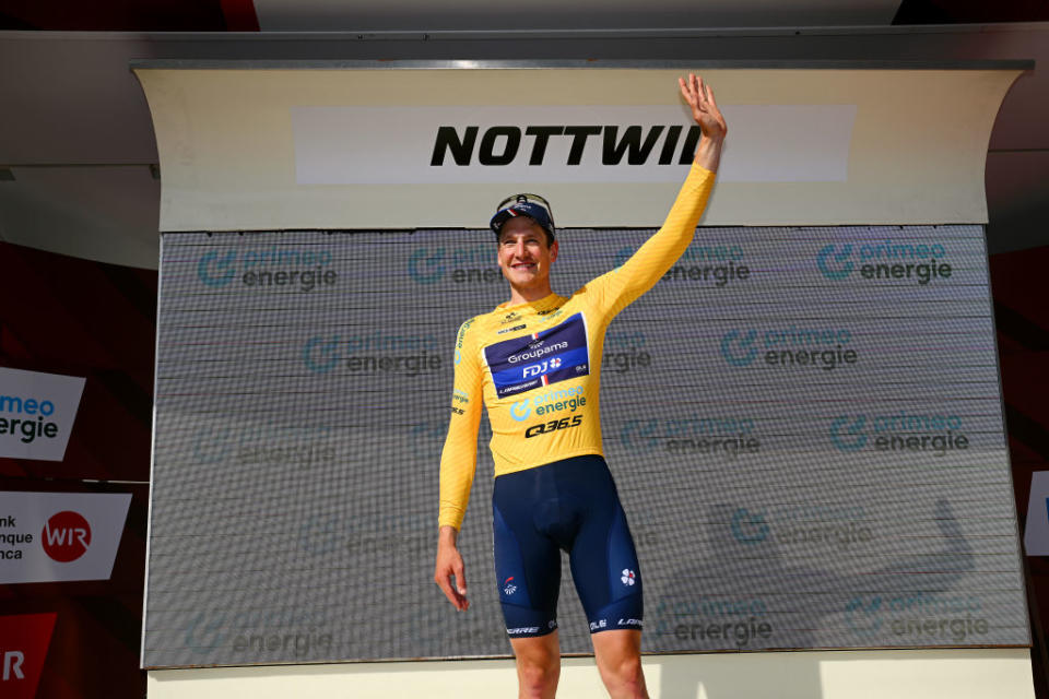 NOTTWIL SWITZERLAND  JUNE 12 Stefan Kng of Switzerland and Team GroupamaFDJ celebrates at podium as Yellow leader jersey winner during the 86th Tour de Suisse 2023 Stage 2 a 1737km stage from Beromnster to Nottwil  UCIWT  on June 12 2023 in Nottwil Switzerland Photo by Dario BelingheriGetty Images