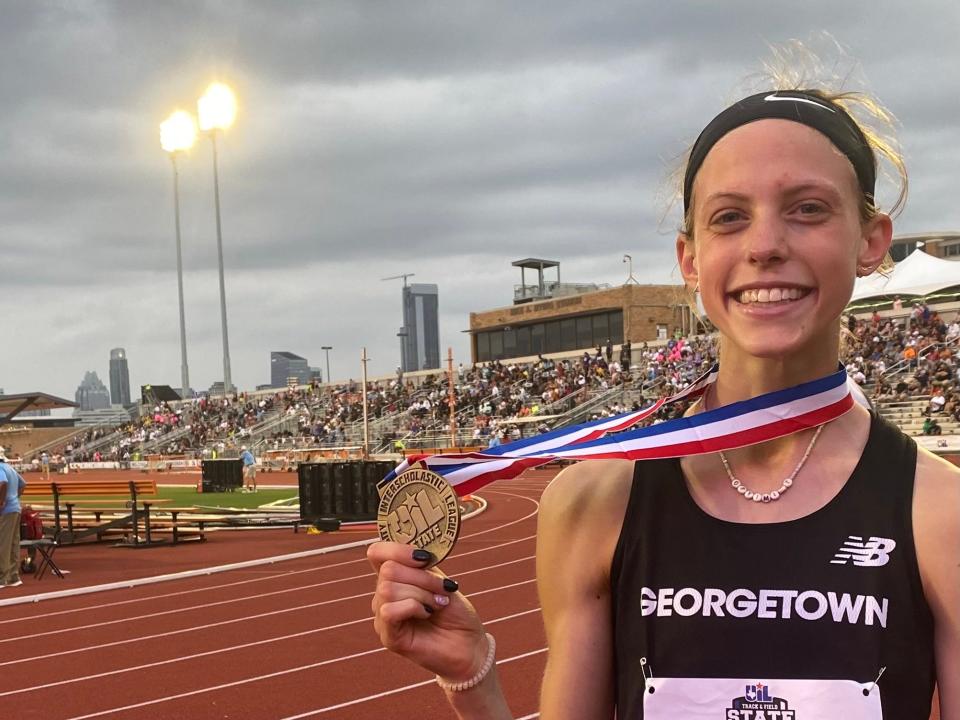 Georgetown's Mckenzie Bailey flashes her gold medal after winning the girls Class 6A 3,200-meter run event at the UIL state track and field meet Saturday at Mike A. Myers Stadium. She'll continue running in college at TCU. She's ready. "Not in a negative way, but I'd like a change and a fresh start," she said.