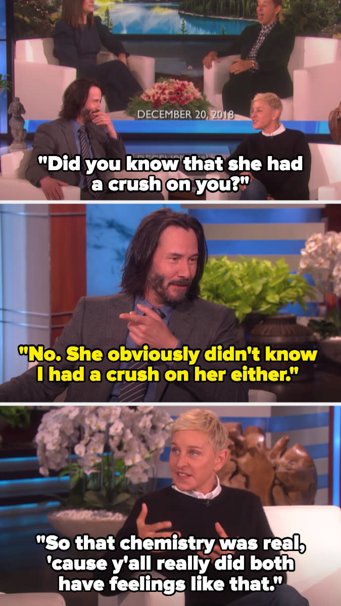 Ellen shows Keanu a clip of Sandra talking about her crush on him, asking if he knew — he says no and that he also had a crush on her. Ellen says the chemistry was real then