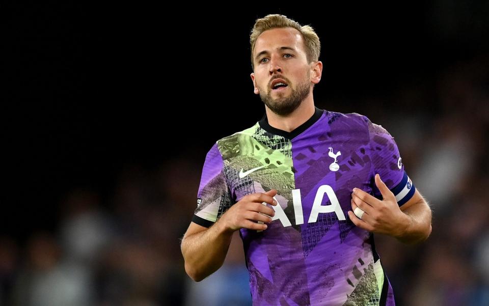 Harry Kane of Tottenham Hotspur looks on during the Carabao Cup Third Round match between Wolverhampton Wanderers and Tottenham Hotspur - Tottenham Hotspur FC via Getty Images