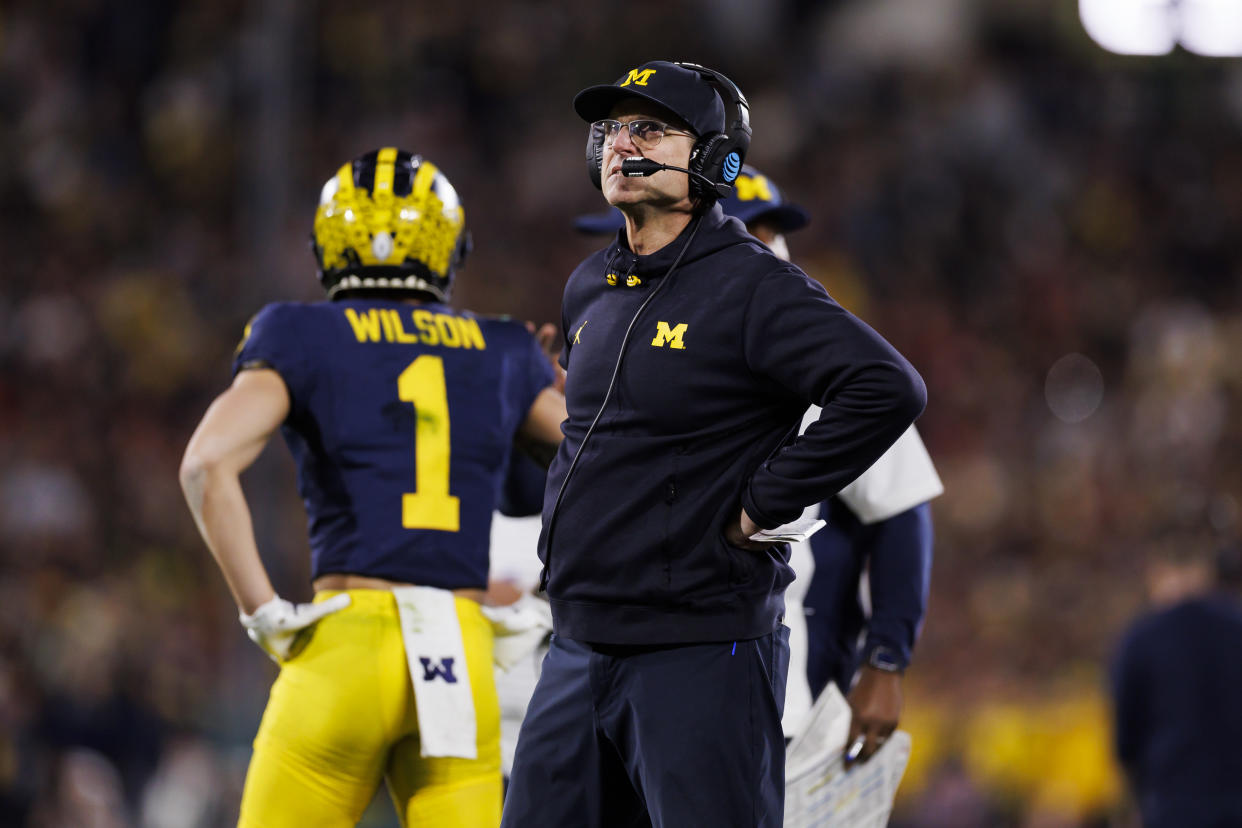 PASADENA, CALIFORNIA - JANUARY 01: Head coach Jim Harbaugh of the Michigan Wolverines looks on from the sideline during the CFP Semifinal Rose Bowl Game against the Alabama Crimson Tide at Rose Bowl Stadium on January 1, 2024 in Pasadena, California. (Photo by Ryan Kang/Getty Images)