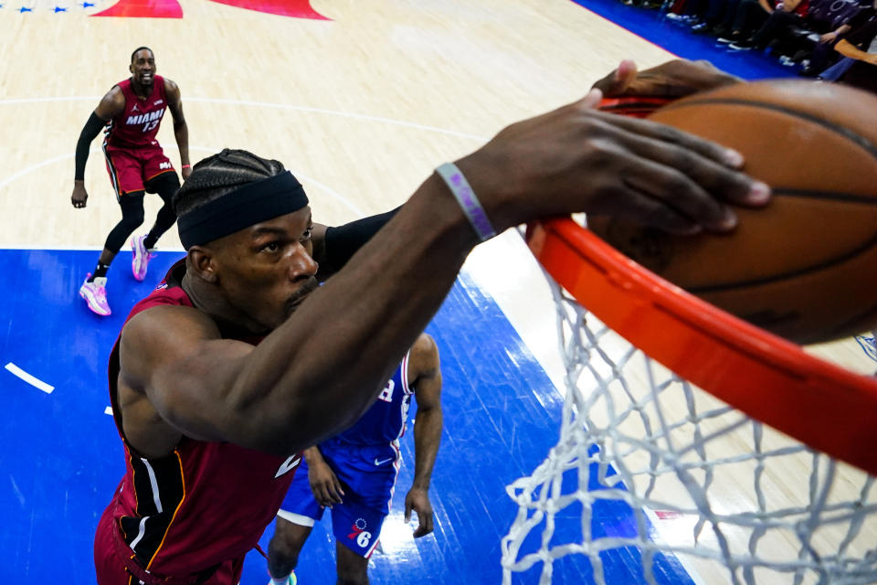 Miami Heat's Jimmy Butler dunks against the Philadelphia 76ers during the second half of Game 6 of an NBA basketball second-round playoff series, Thursday, May 12, 2022, in Philadelphia. (AP Photo/Matt Slocum)