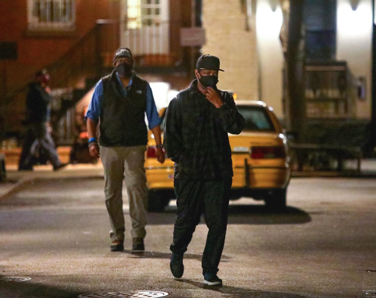 Denzel Washington is seen at the film set of the "Journal for Jordan" on March 28, 2021, in New York City.