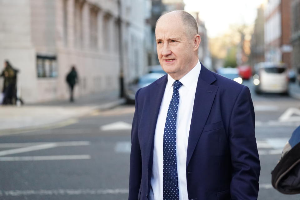 Post Office minister Kevin Hollinrake leaves the Millbank Studios in Westminster, central London. Picture date: Wednesday January 10, 2024. (Photo by James Manning/PA Images via Getty Images)