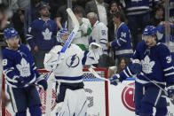 Tampa Bay Lightning goaltender Andrei Vasilevskiy (88) celebrates after defeating the Toronto Maple Leafs in Game 7 of an NHL hockey first-round playoff series in Toronto, Saturday, May 14, 2022. (Frank Gunn/The Canadian Press via AP)