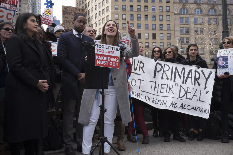 Democratic candidate for New York state Senate Alessandra Biaggi, center, at a rally for progressive candidates in New York City. She says, “Electing fresh young voices in politics means having the ability to consider new solutions to problems.”