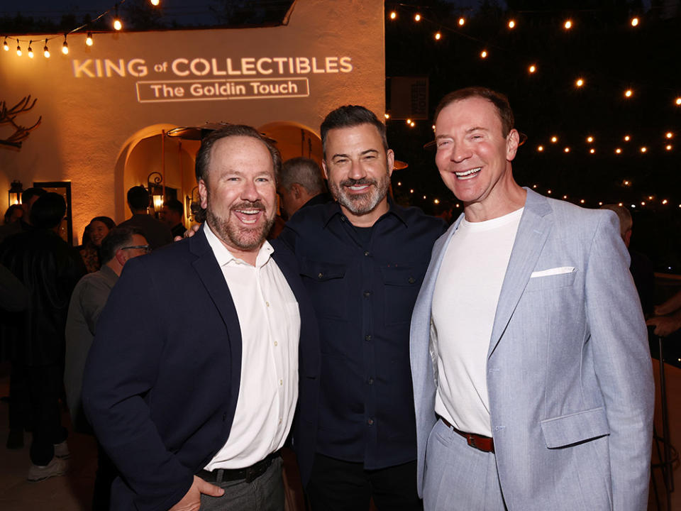 (L-R) Brent Montgomery, Jimmy Kimmel and Ken Goldin attend pre-premiere party for Wheelhouse and Spoke Studios' new series "King of Collectibles: The Goldin Touch" at Wheelhouse on April 20, 2023 in West Hollywood, California.