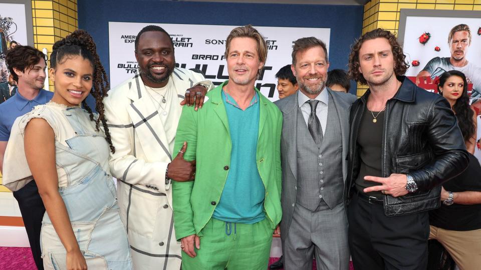 <p><em>Bullet Train</em>'s Zazie Beetz, Brian Tyree Henry, Brad Pitt, David Leitch and Aaron Taylor-Johnson get together at the film's Los Angeles premiere on Aug. 1. </p>