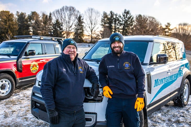 Montgomery Emergency Medical Services was one of the winners of the 2021 Land Rover Defender Service Awards, and staffers pose with the group's customized Defender.